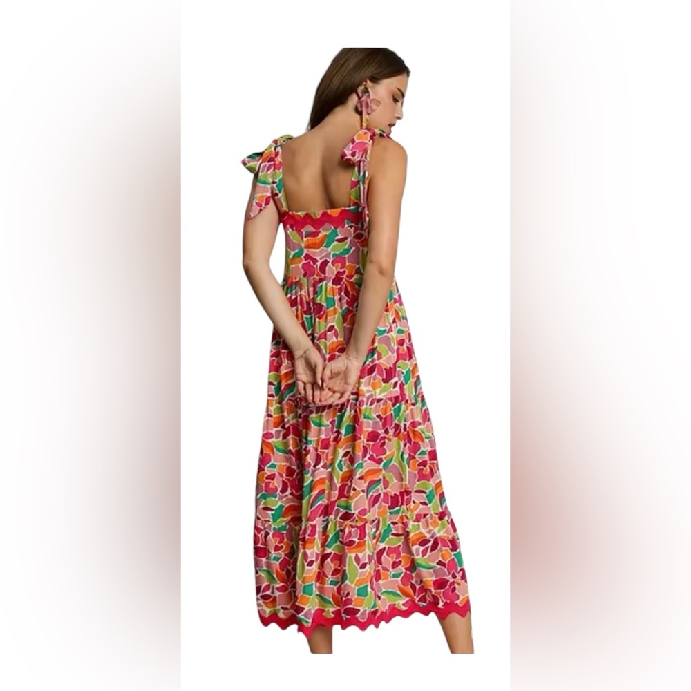 NEW WITH TAGS Pink mixed abstract ricrac midi size large tiered tie sleeve dress